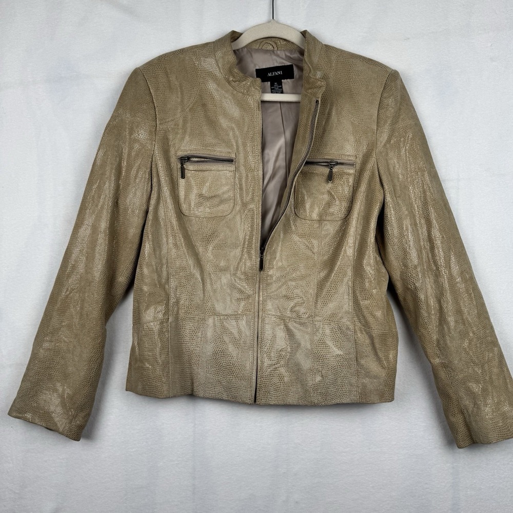 Alfani Jacket Tan Leather Snake Print Stand Collar Zip Pockets‎ Lined Size XL